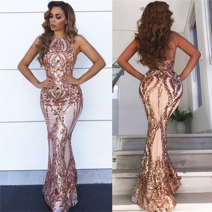 Sleeveless Open Back Sequins Prom Dresses | Sexy Spaghetti Straps Mermaid Champagne Evening Dress-27Dress.co.uk