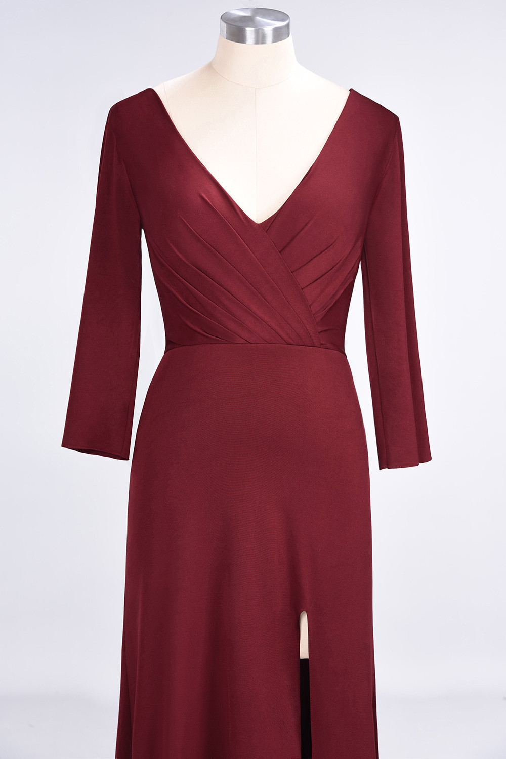Sexy A-line Spandex Alluring V-neck Long-Sleeves Side-Slit Floor-Length Bridesmaid Dress UK UK with Ruffles-27Dress.co.uk