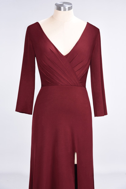 Sexy A-line Spandex Alluring V-neck Long-Sleeves Side-Slit Floor-Length Bridesmaid Dress UK UK with Ruffles-27Dress.co.uk