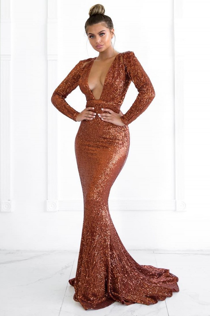Elegant Hot Deep V-Neck Long Sleeves Elegant Mermaid Prom Dress UK UK