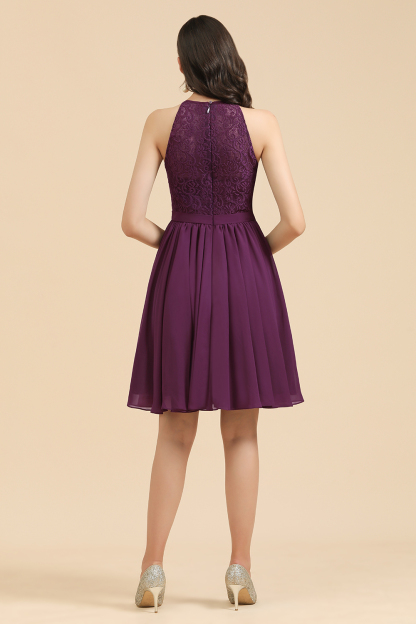 Elegant Halter Grape Lace Short Bridesmaid Dresses Chiffon Knee Length Wedding Guest Dress