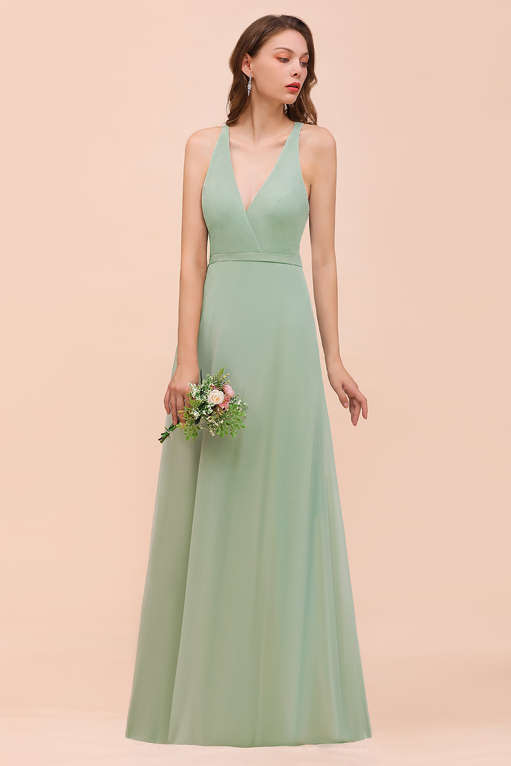 Dusty Sage V-Neck Bridesmaid Dress Glamorous Chiffon Long Wedding Guest Dress with Straps