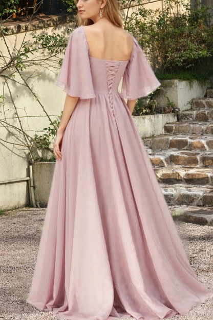 Sweetheart Half Sleeves Chiffon Ruched High Split A-Line Bridesmaid Dress