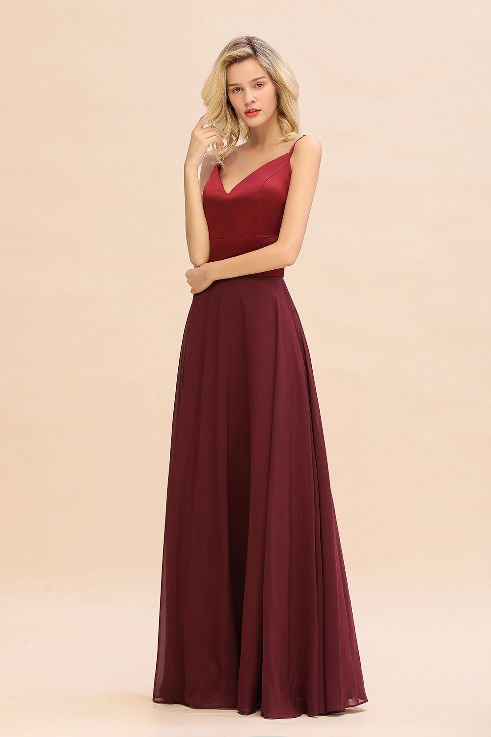 Elegant Spaghetti-Straps Burgundy Long Satin Bridesmaid Dress