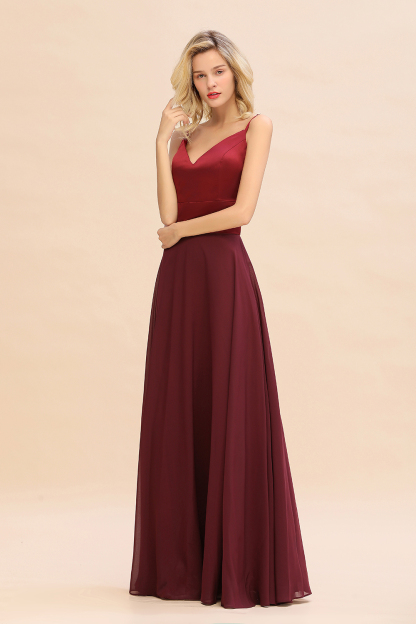 Elegant Spaghetti-Straps Burgundy Long Satin Bridesmaid Dress