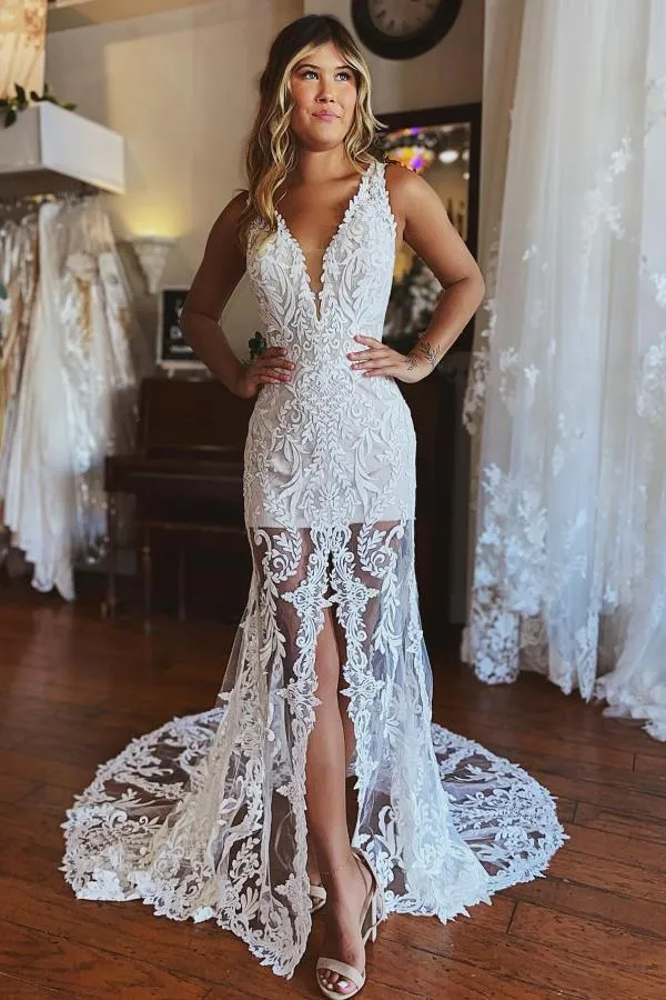 Simple Mermaid Floral Wedding Dress Deep V-Neck Long Bridal Dress with Front Split
