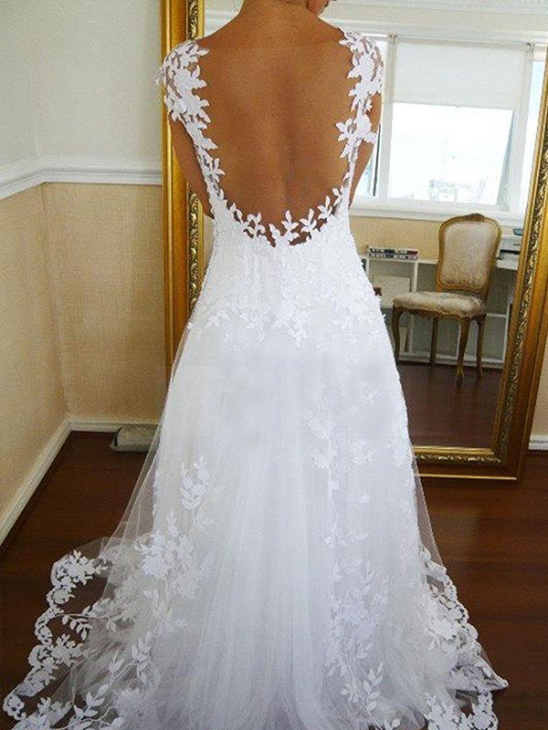 A-Line Sleeveless V-Neck Sweep Train Lace Tulle Wedding Dresses UK