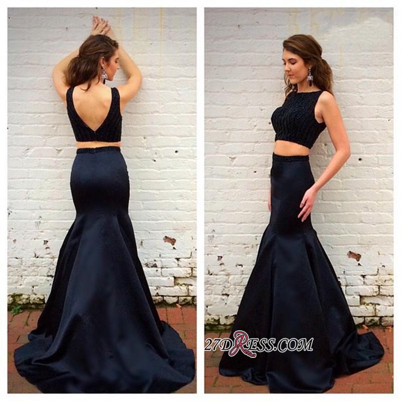 Sleeveless Crystals Two-Piece Top Black Mermaid Prom Dress UKes UK-27Dress.co.uk