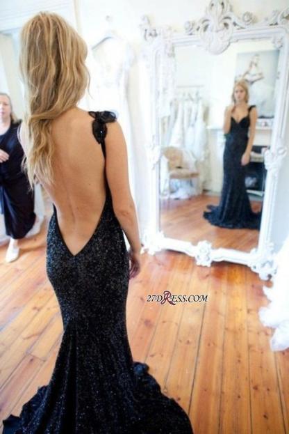 Straps Black Sweep-Train Modern Sleeveless Sequined Mermaid Prom Dress UK