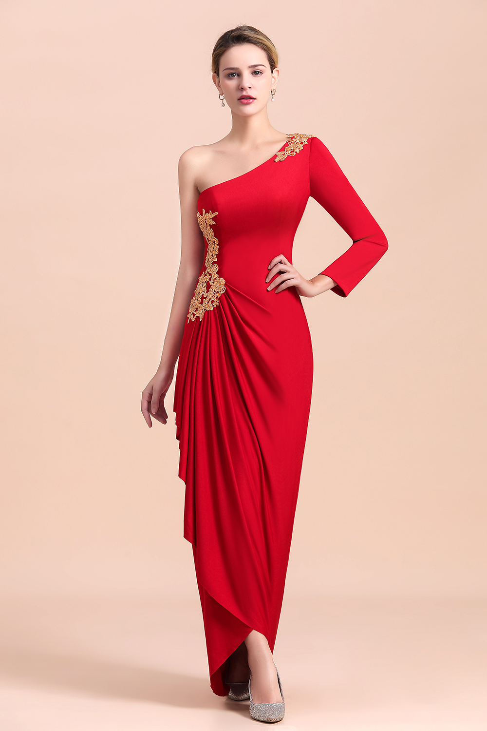 One-Shoulder Long Sleeves Ruffle Mother of Bride Dresses with Gold Appliques