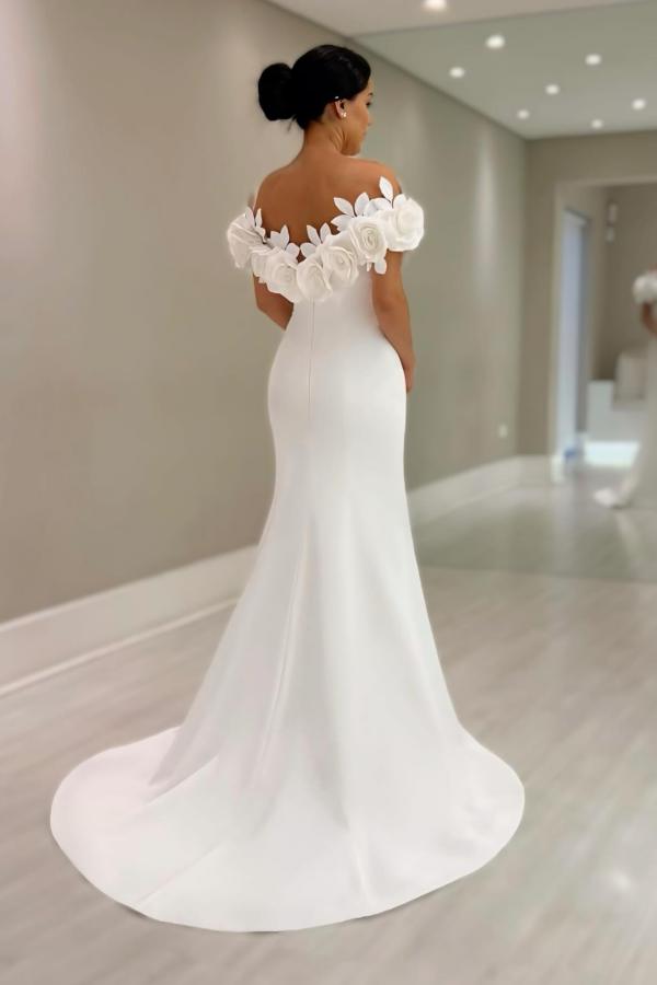 Elegant Mermaid Satin Wedding Dresses Off the Shoulder White Bridal Gowns with Flowers