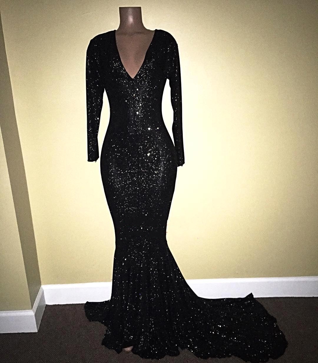Black sequins prom Dress UK Long sleeve mermaid evening gowns V-Neck