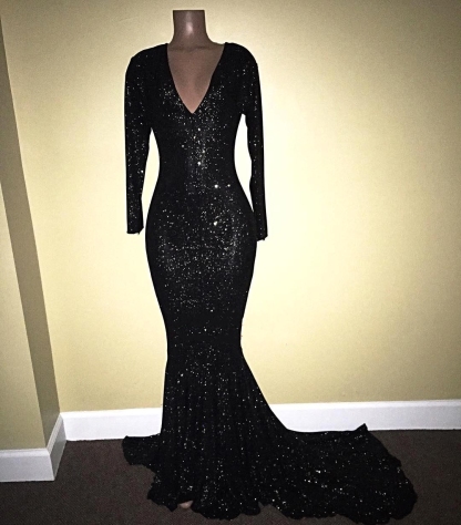 Black sequins prom Dress UK Long sleeve mermaid evening gowns V-Neck