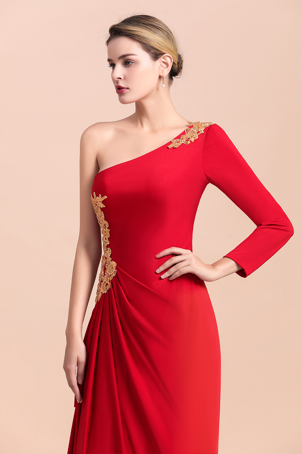 One-Shoulder Long Sleeves Ruffle Mother of Bride Dresses with Gold Appliques