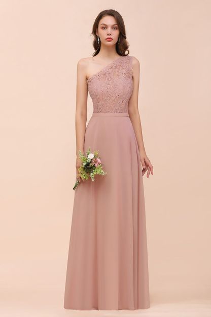 One Shoulder Dusty Pink Lace Chiffon Bridesmaid Dresses