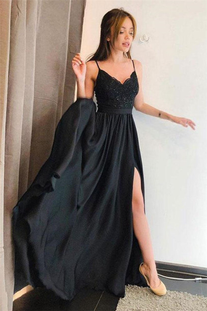 Black Lace Appliques Spaghetti-Strap Prom Dress UKes UK Side slit Sleeveless Evening Dress UKes UK