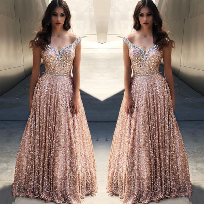 Rose Gold Sequin Affordable Evening Dress UKes UK UK |Sexy Off The Shoulder Elegant Bling-bling Prom Dress UK