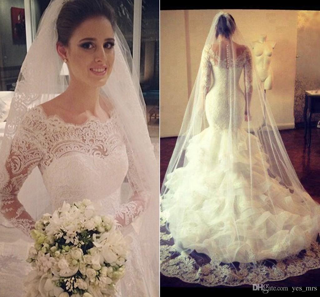 Gorgeous Wedding Dresses UK Lace Sexy Mermaid Long Sleeve Bridal Gowns with Wedding Veil-27Dress.co.uk
