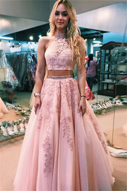 Sexy Lace Appliques Halter Two Piece Prom Dress UKes UK Open Back Sleeveless Evening Dress UKes UK with Beads-27Dress.co.uk