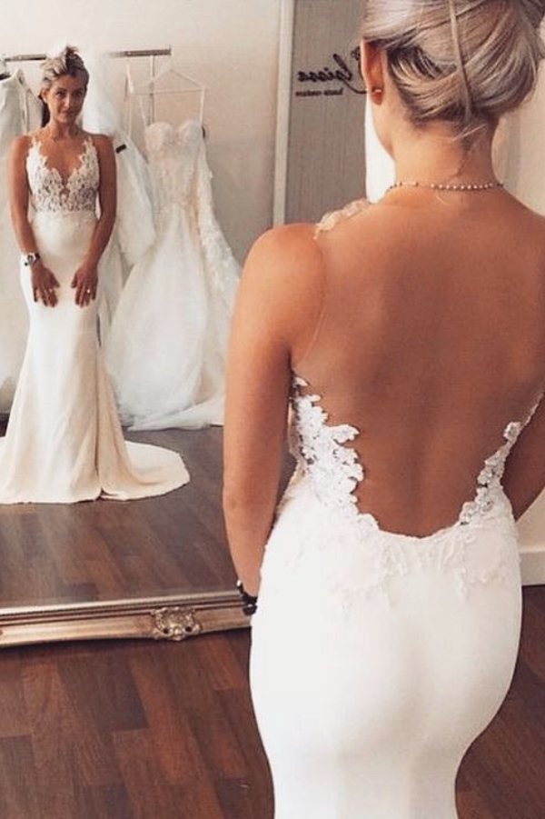 Sheer back Sexy Mermaid Wedding Dress Sleeveless Lace summer Beach Wedding Gowns BA3612