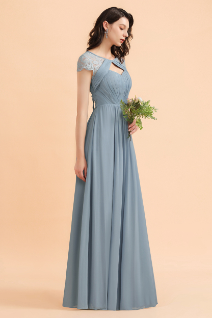 Elegant Short Sleeve Lace Chiffon Bridesmaid Dress Dusty Blue Formal Dress