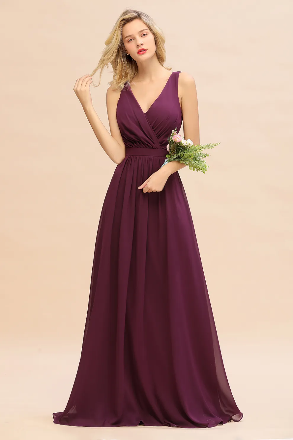 Chic V-Neck Grape Long Chiffon Bridesmaid Dress