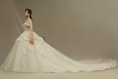 Gorgeous Off-the-Shoulder Floral Appliques Ball Gown aline Bridal Gown