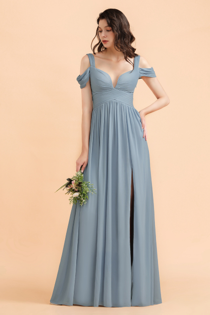 Off-the-Shoulder Dusty Blue Chiffon Bridesmaid Dress with Front Slit