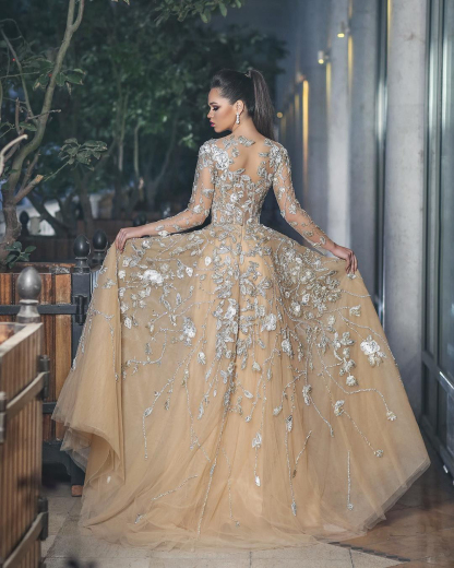 Gorgeous Long Sleeve Evening Dress UK Tulle With Lace Appliques BA8501