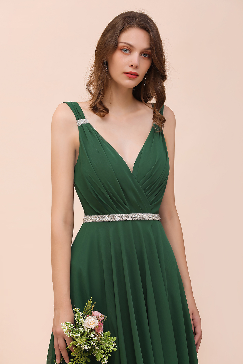 Elegant Ruffle Chiffon Bridesmaid Dress V-Neck Straps Evening Wear Dress for Bride