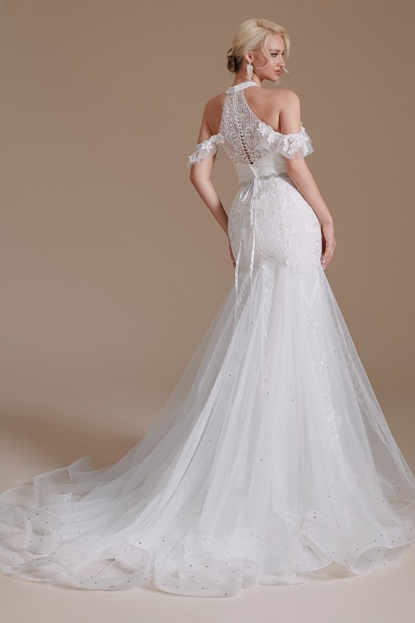 Charming Halter Mermaid Bridal Dress Off-the-Shoulder White Wedding Dress