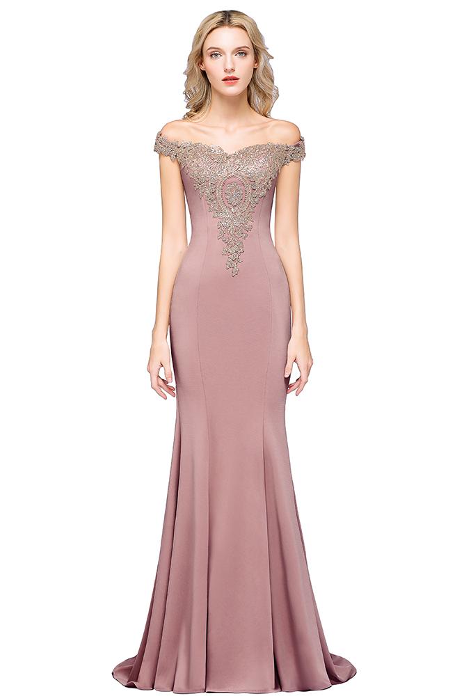 Off-the-Shoulder Mermaid Evening Dress Gold Appliques Long Prom Dress