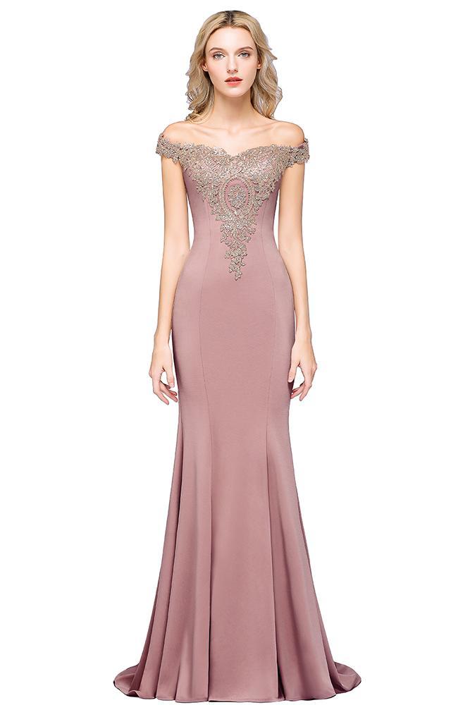 Off-the-Shoulder Mermaid Evening Dress Gold Appliques Long Prom Dress