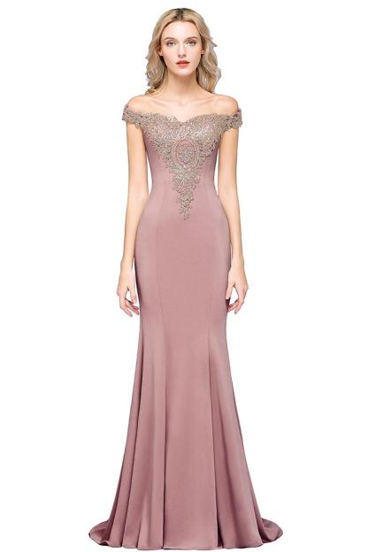 Off-the-Shoulder Mermaid Evening Dress Gold Appliques Long Prom Dress