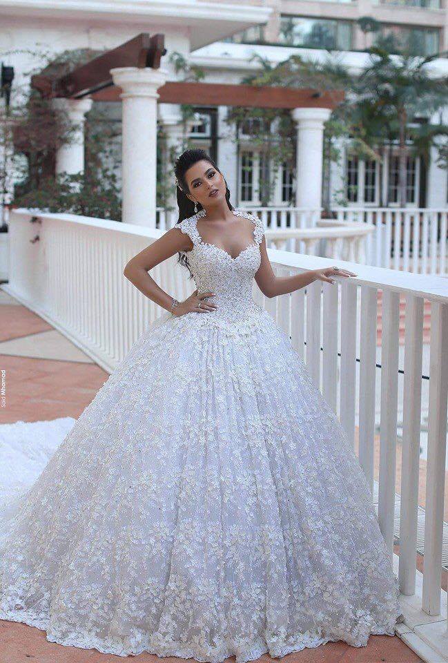 Elegant Cap Sleeve Lace Wedding Dresses UK Ball Gown With Train BA3022