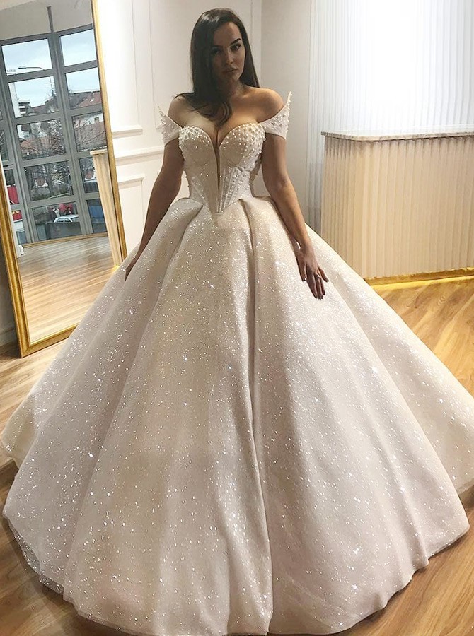 Elegant Cap-Sleeve Wedding Dress | Ball Gown Sequins Bridal Gowns-27Dress.co.uk