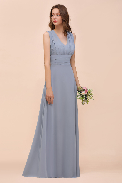 Elegant Dusty Blue Chiffon Long Bridesmaid Dress