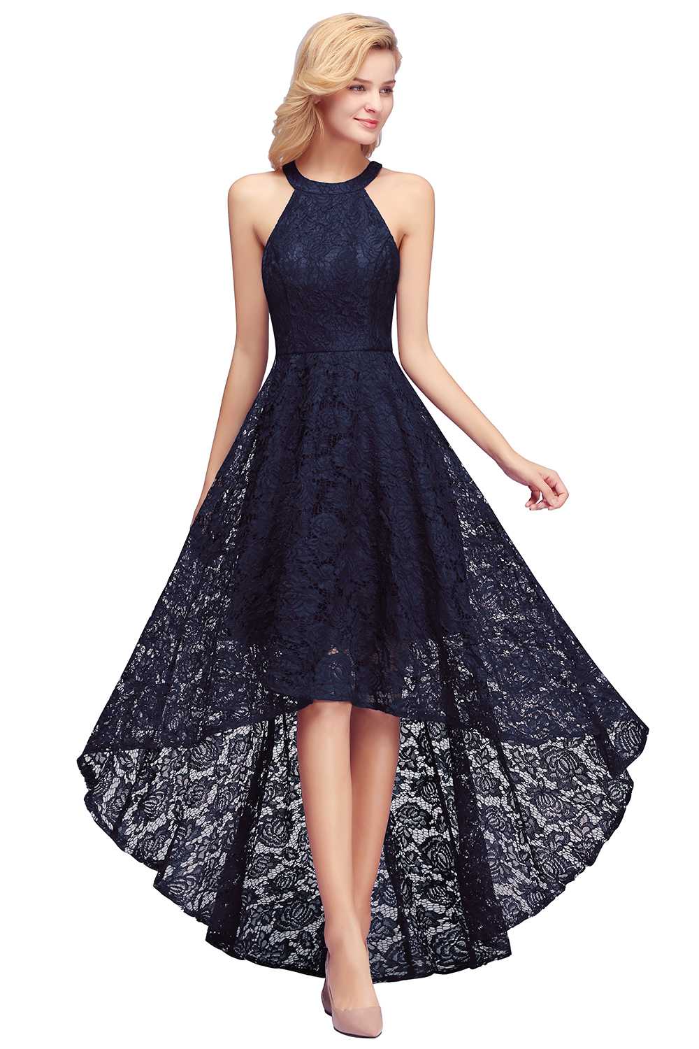 Halter Hi-Lo Party Dress Floral Lace Formal Wear Dress