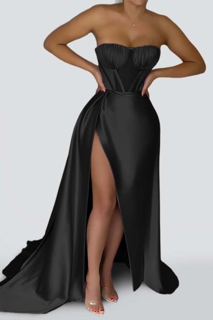 Sexy Pink Strapless Sleeveless Mermaid Prom Dress With Split Ruffles