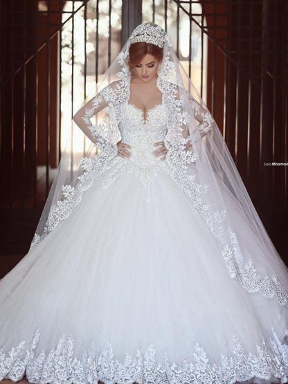 Long Sleeves Court Train Ball Gown Off-the-Shoulder Tulle Wedding Dresses UK