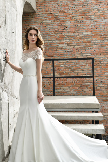 Short Sleves Mermaid Wedding Dress Beadings Lace Beach Bridal Dress-27Dress.co.uk