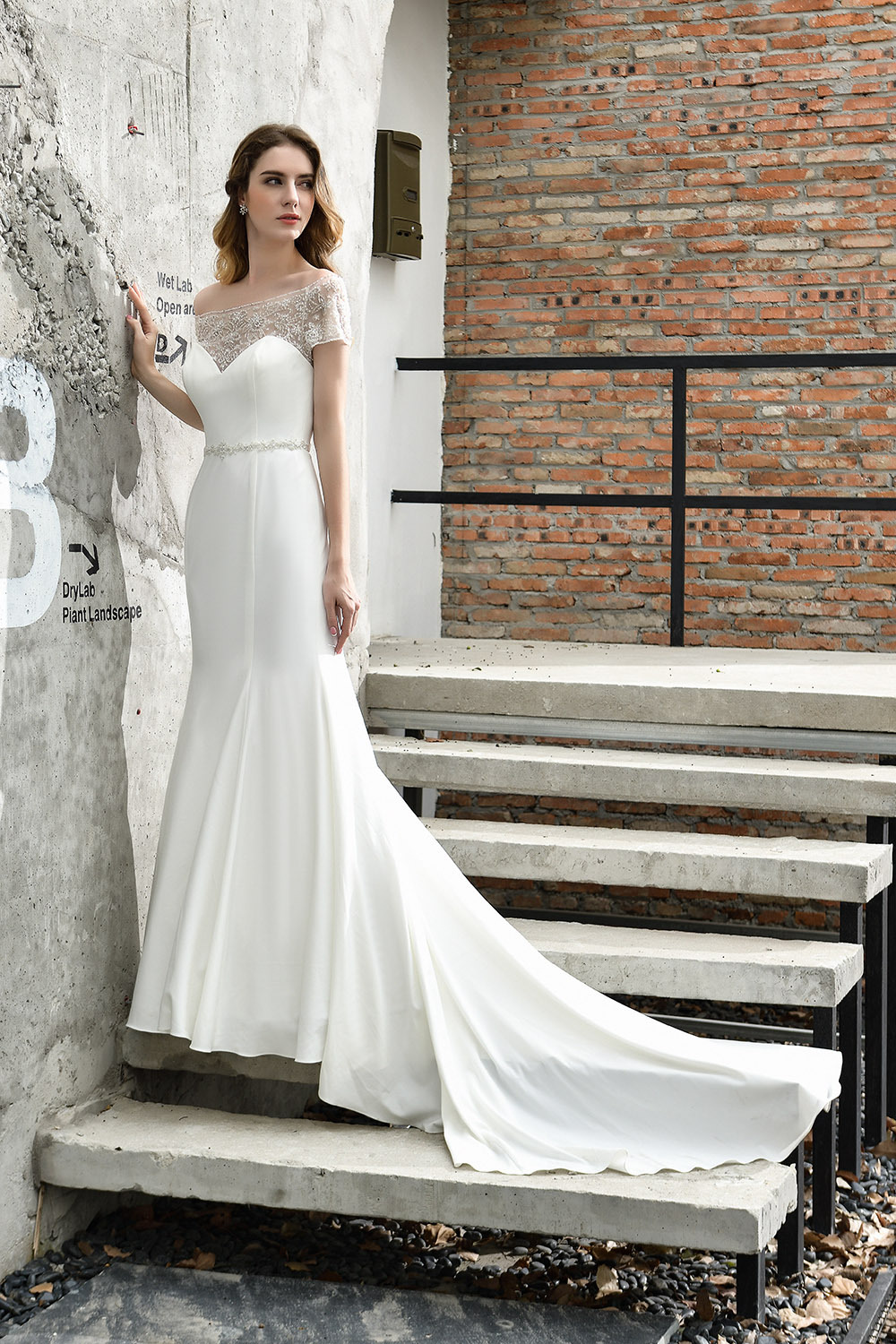 Short Sleves Mermaid Wedding Dress Beadings Lace Beach Bridal Dress-27Dress.co.uk