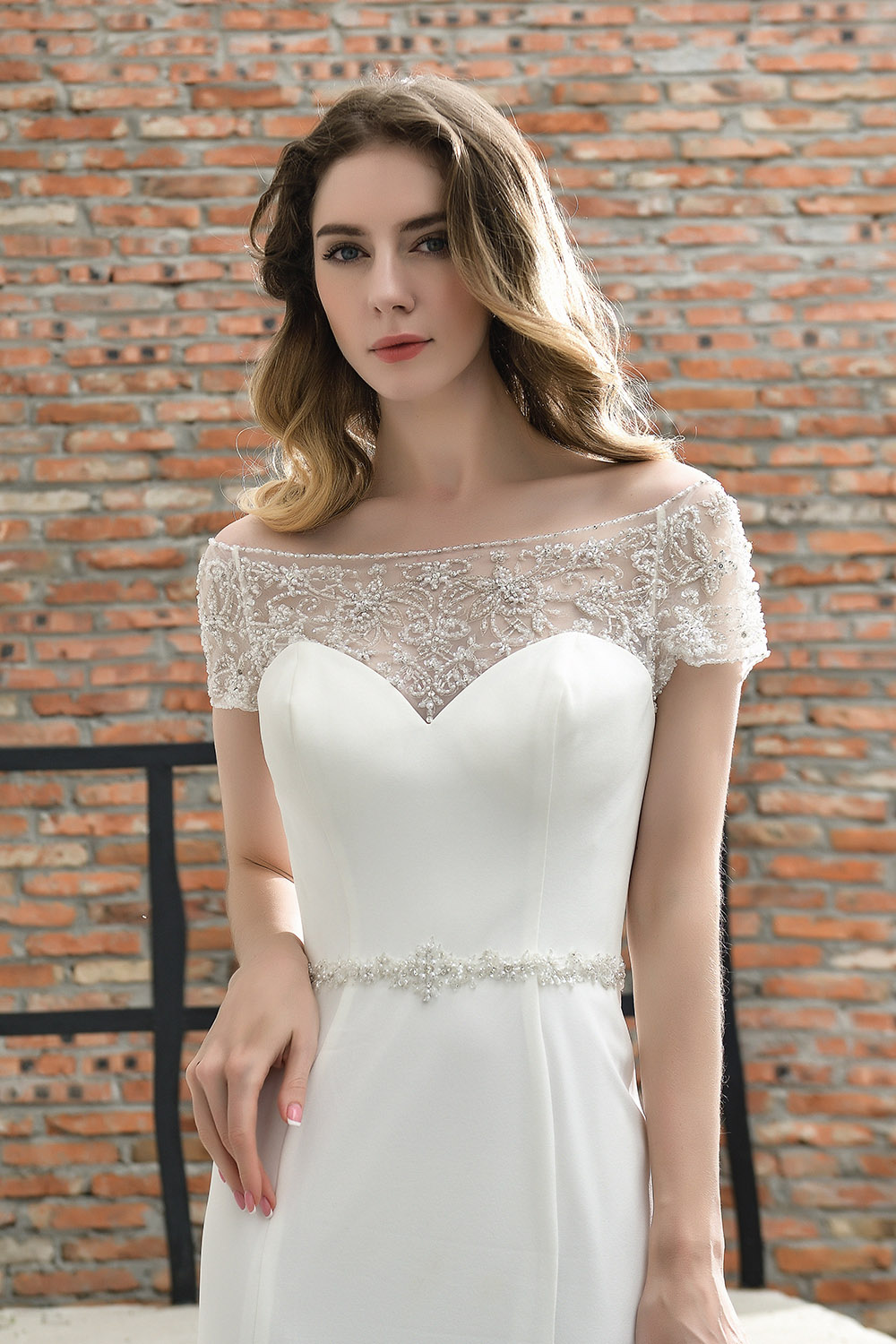 Short Sleves Mermaid Wedding Dress Beadings Lace Beach Bridal Dress-27Dress.co.uk