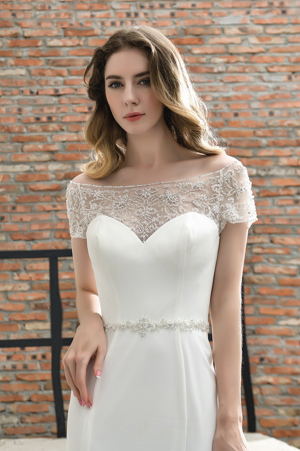 Short Sleves Mermaid Wedding Dress Beadings Lace Beach Bridal Dress-27Dress.co.uk