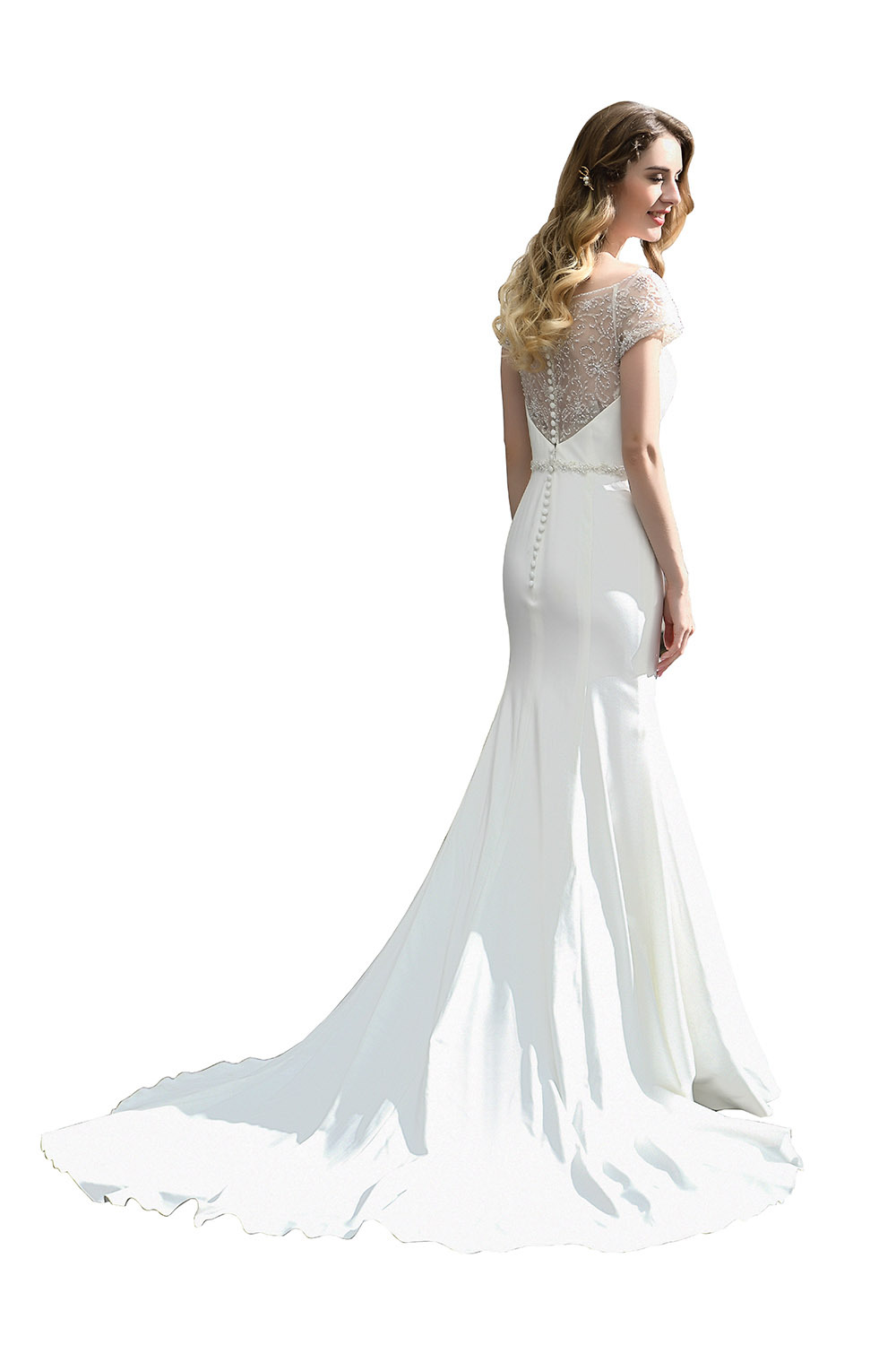 Short Sleves Mermaid Wedding Dress Beadings Lace Beach Bridal Dress-27Dress.co.uk