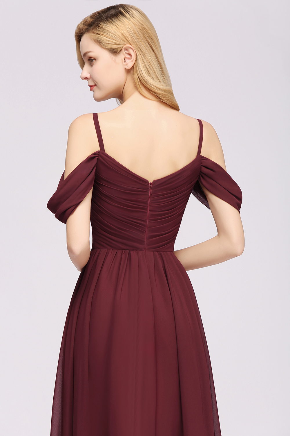 A-Line Light Chiffon V-Neck Spaghetti Straps Short-Sleeves Sweep Train Bridesmaid Dress UKes UK UK with Ruffles-27Dress.co.uk