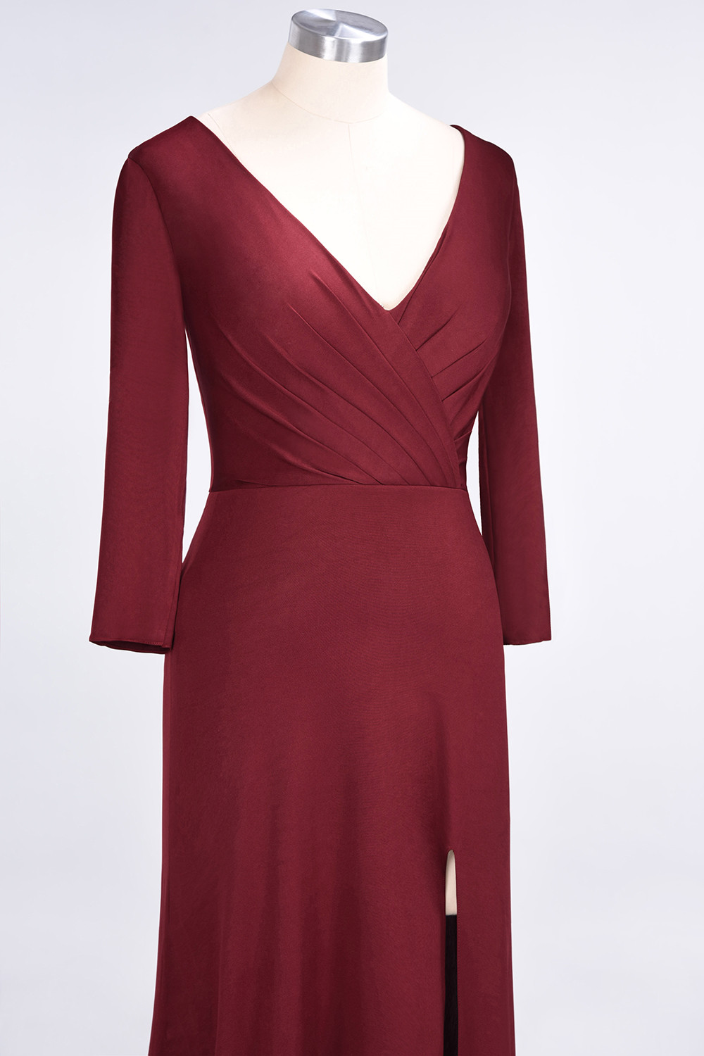 Sexy A-line Spandex Alluring V-neck Long-Sleeves Side-Slit Floor-Length Bridesmaid Dress UK UK with Ruffles-27Dress.co.uk