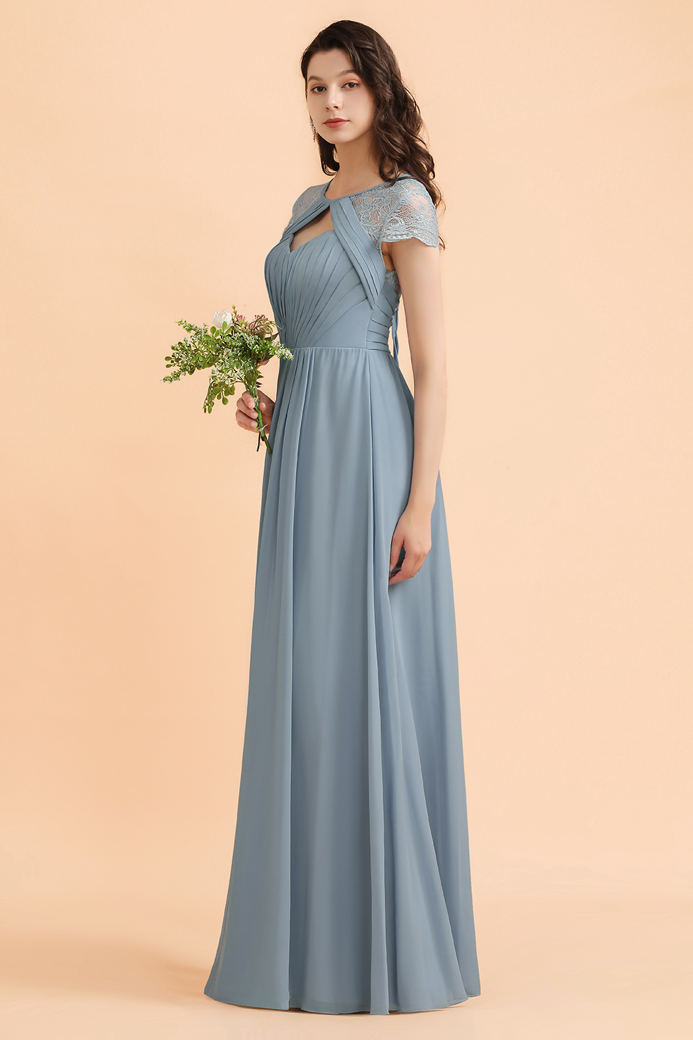 Elegant Short Sleeve Lace Chiffon Bridesmaid Dress Dusty Blue Formal Dress