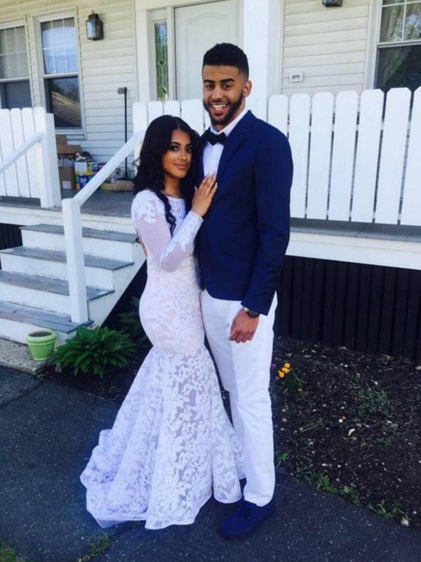 Floor-Length Sexy Mermaid Long Sleeves Scoop Neckline Applique Lace Wedding Dresses UK