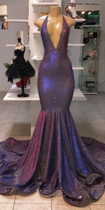Elegant Alluring Deep V-neck Sleeveless Prom Dress UKes UK UK | Halter Memaiad Sequins Evening Dress UKes UK